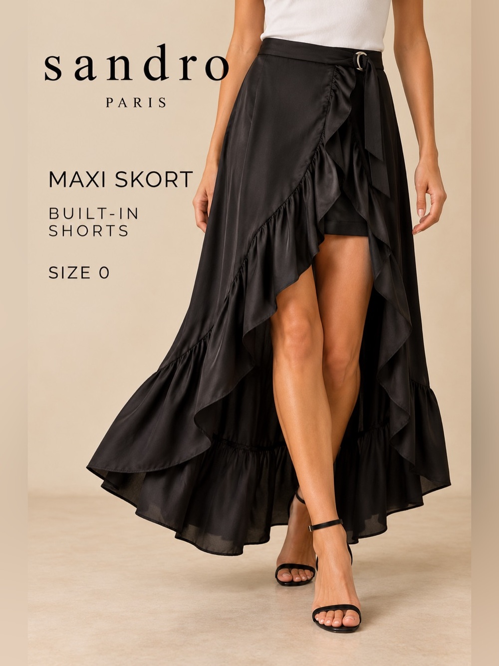 Sandro Paris Black Satin Ruffle Wrap Maxi Skort Built-In Shorts Size 0